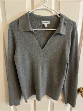 Calvin Klein Grey Ribbed V-Neck Polo Collar Sweater